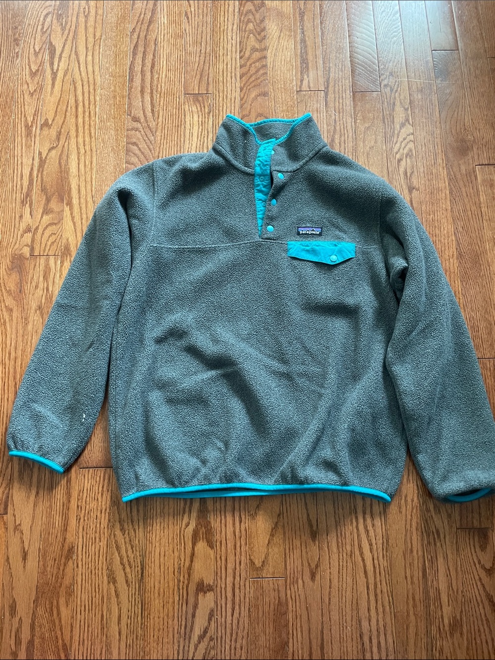 Patagonia Gray Turquoise Synchilla Snap-T Fleece Pullover Women’s Sz Large